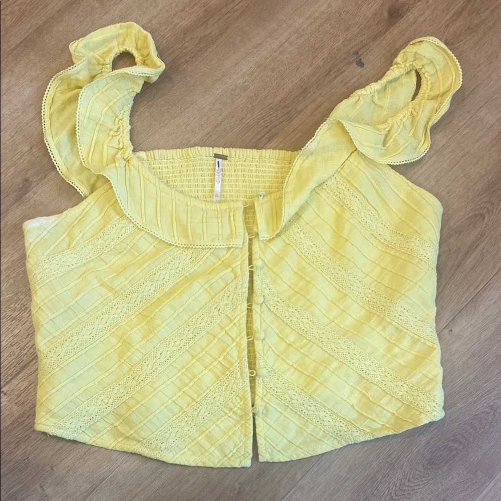 Free People Yellow Ruffle Smocked Cropped Top